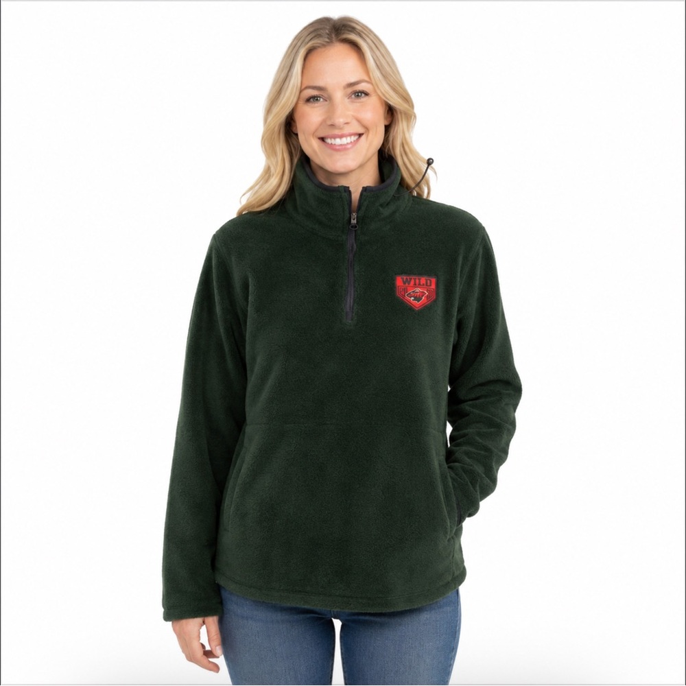 MINNESOTA WILD Womens Plush 1/4 Zip Green Jacket With Kangaroo Pocket Small